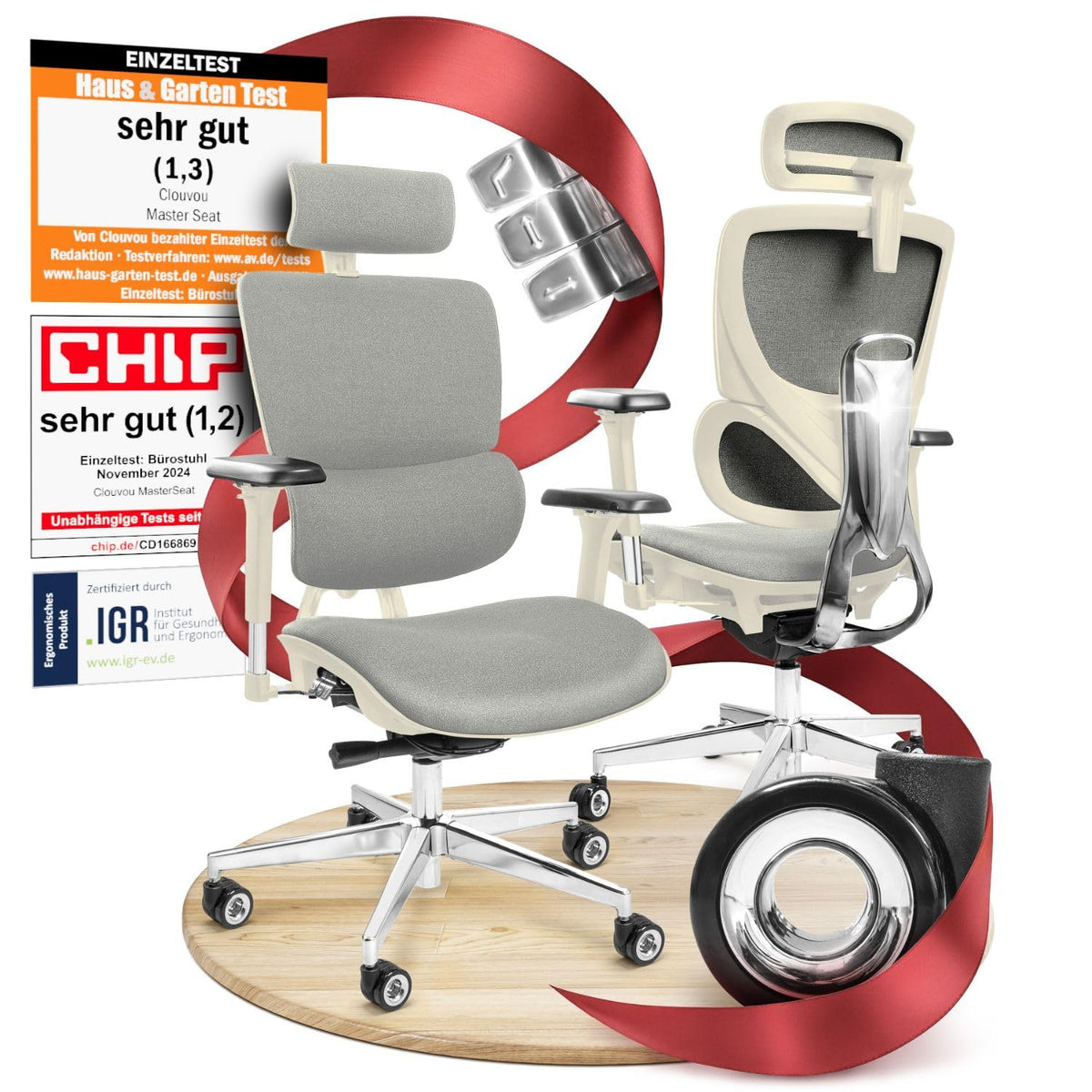 CLOUVOU BrightSeat Ergonomischer Bürostuhl Schwarz bis 150 kg – Schreibtischstuhl mit Kopfstütze, Lendenstütze & 2D Armlehnen