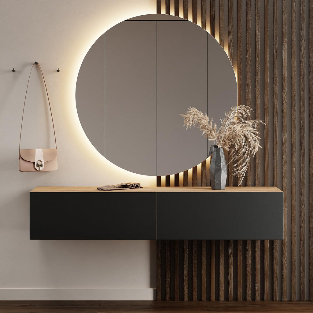 Planetmöbel Garderobe Flur mit Stauraum, Wandgarderobe mit 2 Klappen, Dielenschrank aus Holzwerkstoff Gold Eiche/Anthrazit