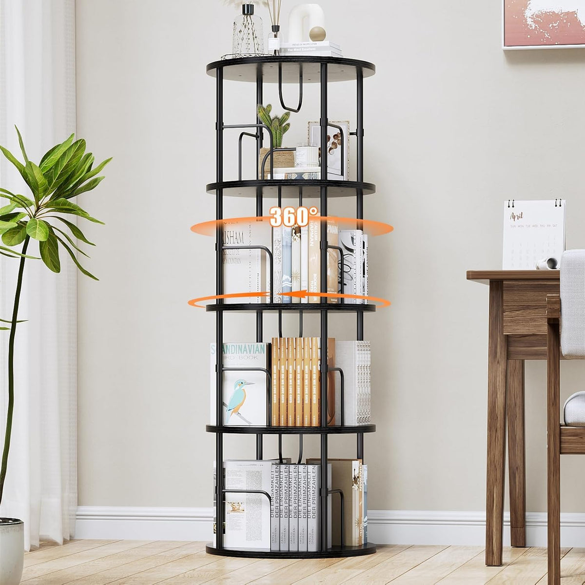 360° drehbares Bücherregal mit 5 Ebenen, Standregal aus MDF & Metall, rundes Regal für bis zu 100 Bücher