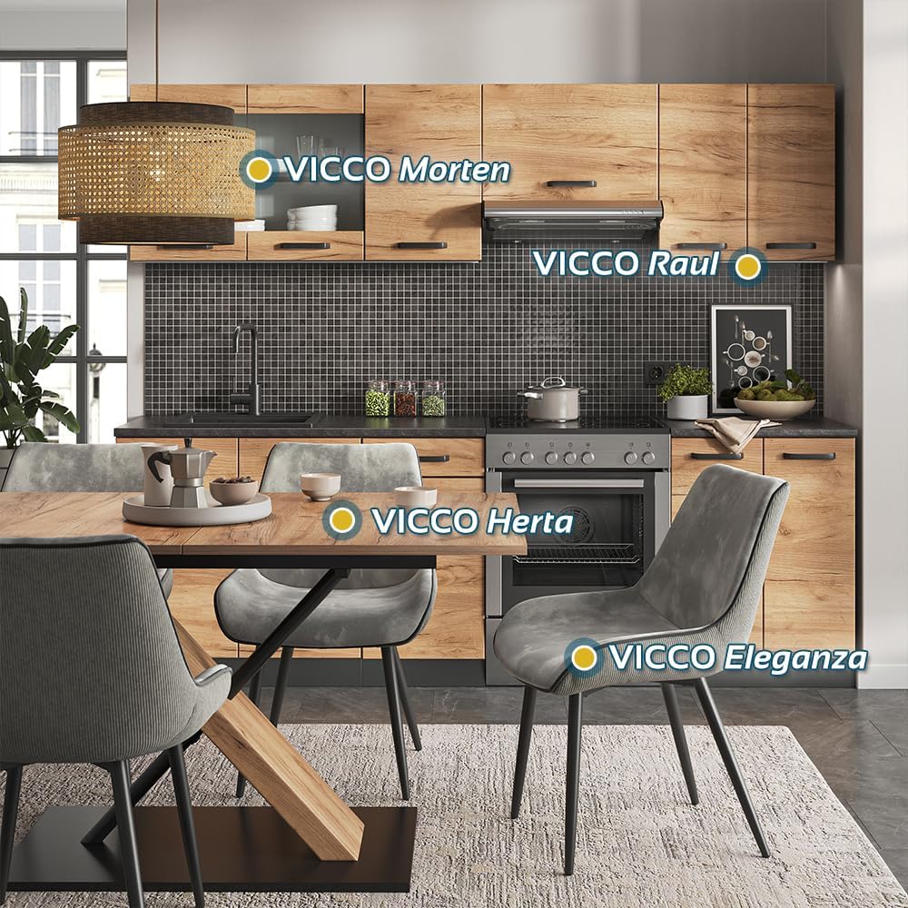Vicco Raul Küchenzeile Goldkraft Eiche Anthrazit mit Arbeitsplatte, Modulare Einbauküche mit Schränken & Stauraum