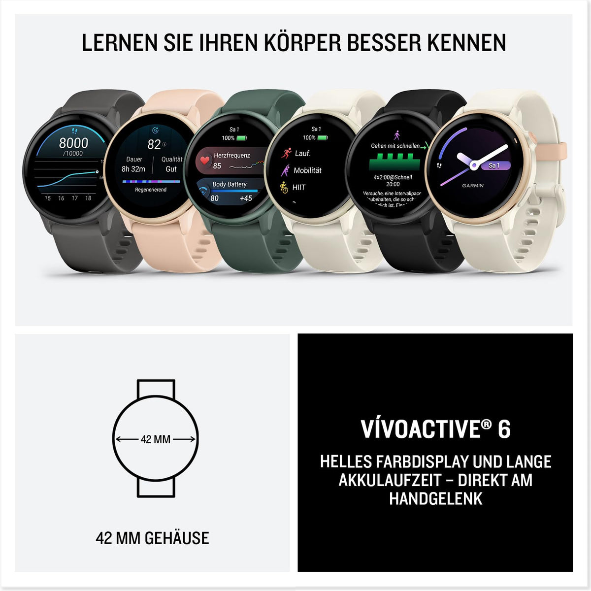 Garmin Vivoactive 6, 42 mm, GPS-Fitness-Smartwatch, Bone/Pink Dawn Metallic