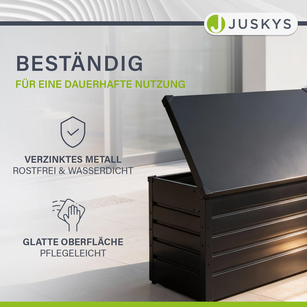 Juskys Metall Aufbewahrungsbox Limani 380 Liter - Outdoor Box - wasserdicht, abschließbar - Gartenbox, Auflagenbox, Kissenbox für Garten Anthrazit
