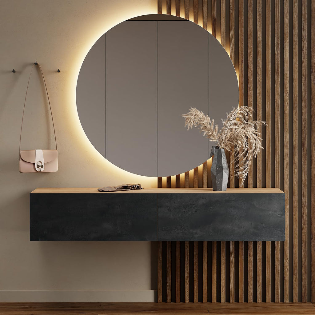 Planetmöbel Garderobe Flur mit Stauraum, Wandgarderobe mit 2 Klappen, Dielenschrank aus Holzwerkstoff Gold Eiche/Anthrazit