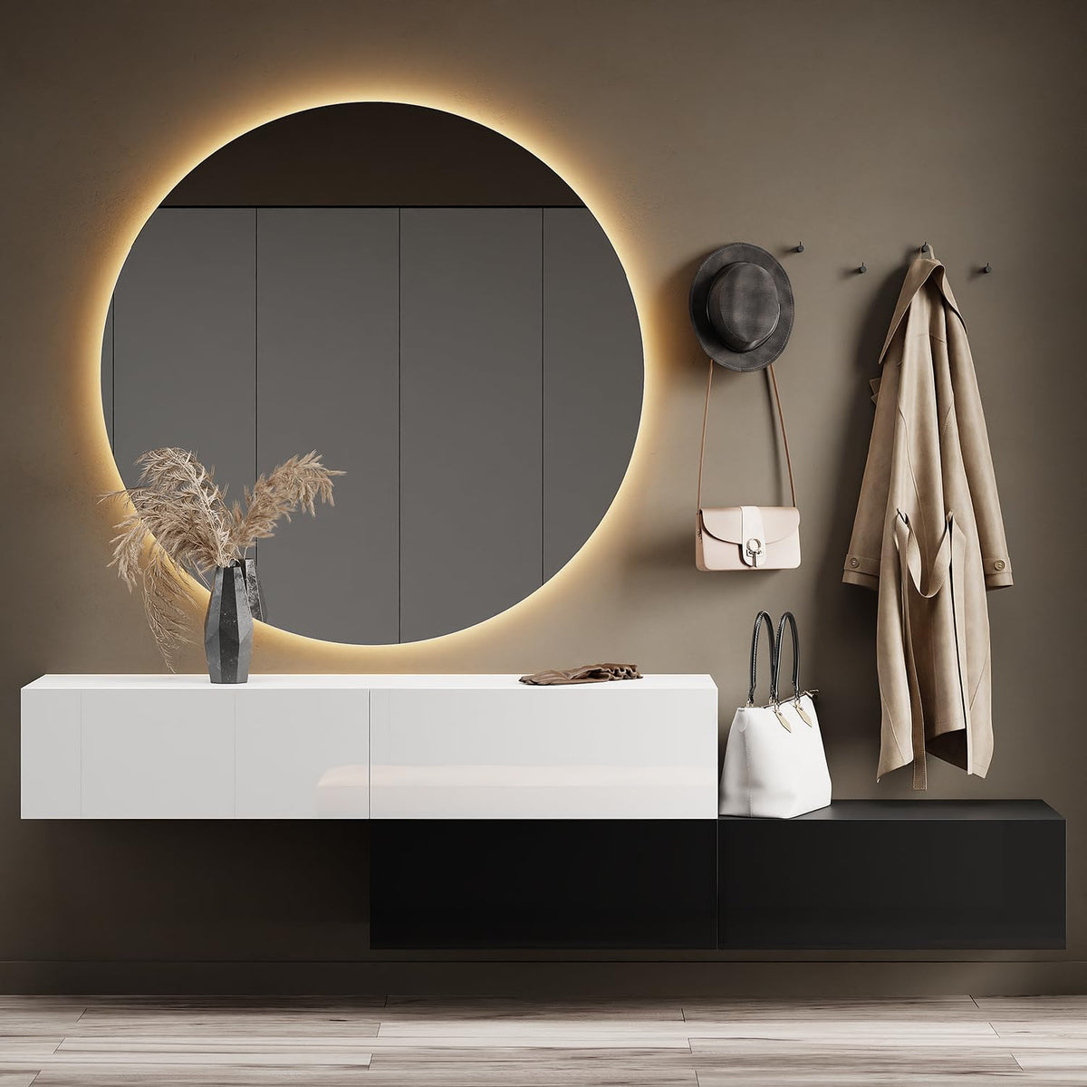 Planetmöbel Garderobe Flur mit Stauraum, Wandgarderobe mit 2 Klappen, Dielenschrank aus Holzwerkstoff Gold Eiche/Anthrazit