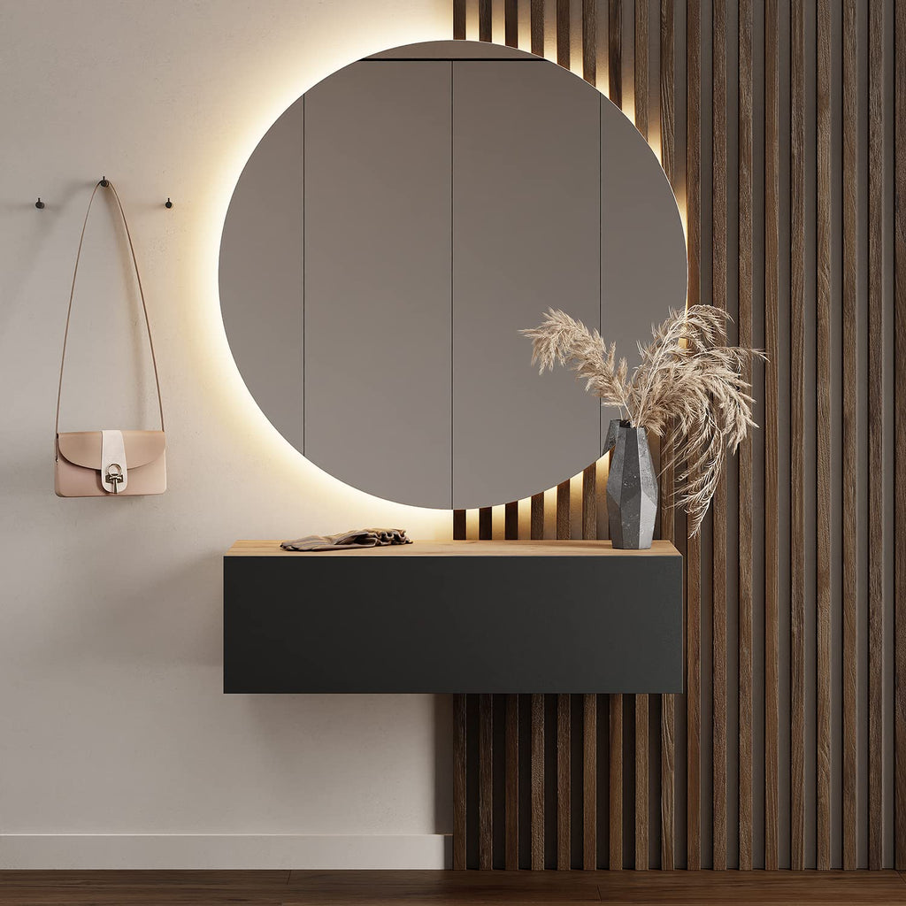 Planetmöbel Garderobe Flur mit Stauraum, Wandgarderobe mit 2 Klappen, Dielenschrank aus Holzwerkstoff Gold Eiche/Anthrazit