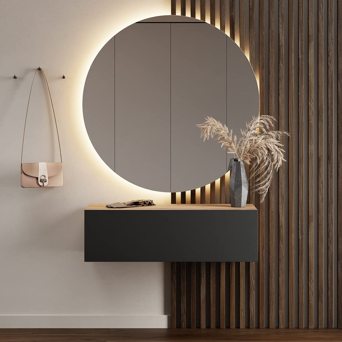 Planetmöbel Garderobe Flur mit Stauraum, Wandgarderobe mit 2 Klappen, Dielenschrank aus Holzwerkstoff Gold Eiche/Anthrazit