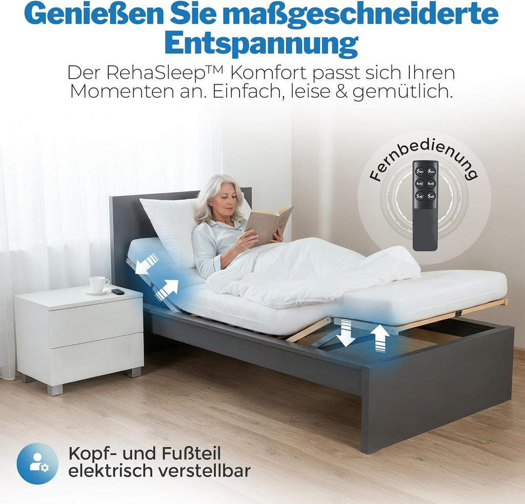 RehaSleep Elektrischer Lattenrost 28 Leisten, 7-Zonen Lattenrahmen aus Birkenholz, verstellbar mit Motor, Natur