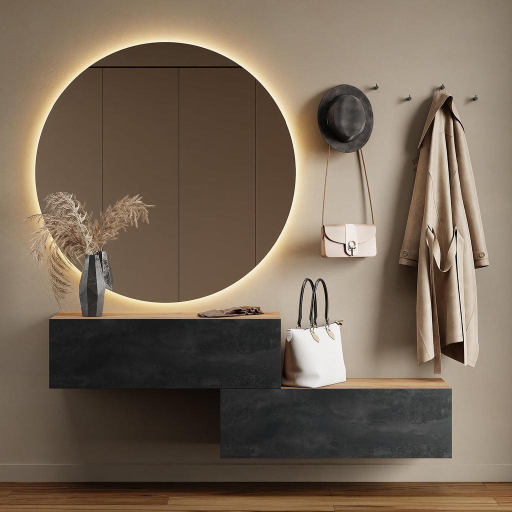 Planetmöbel Garderobe Flur mit Stauraum, Wandgarderobe mit 2 Klappen, Dielenschrank aus Holzwerkstoff Gold Eiche/Anthrazit