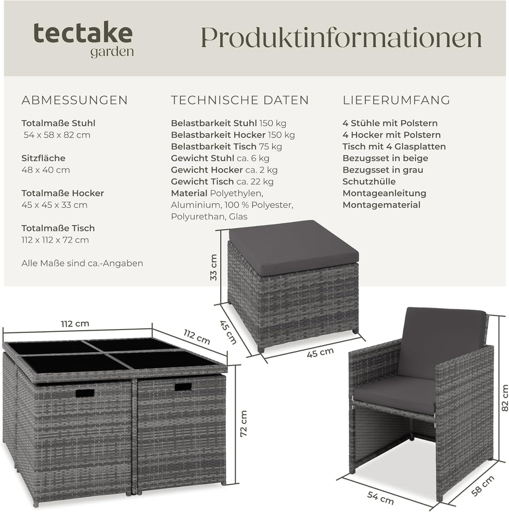 tectake Rattan Lounge Set mit Aluminiumgestell, 4 Stühle, 4 Hocker & Glastisch Wetterfeste Gartenmöbel