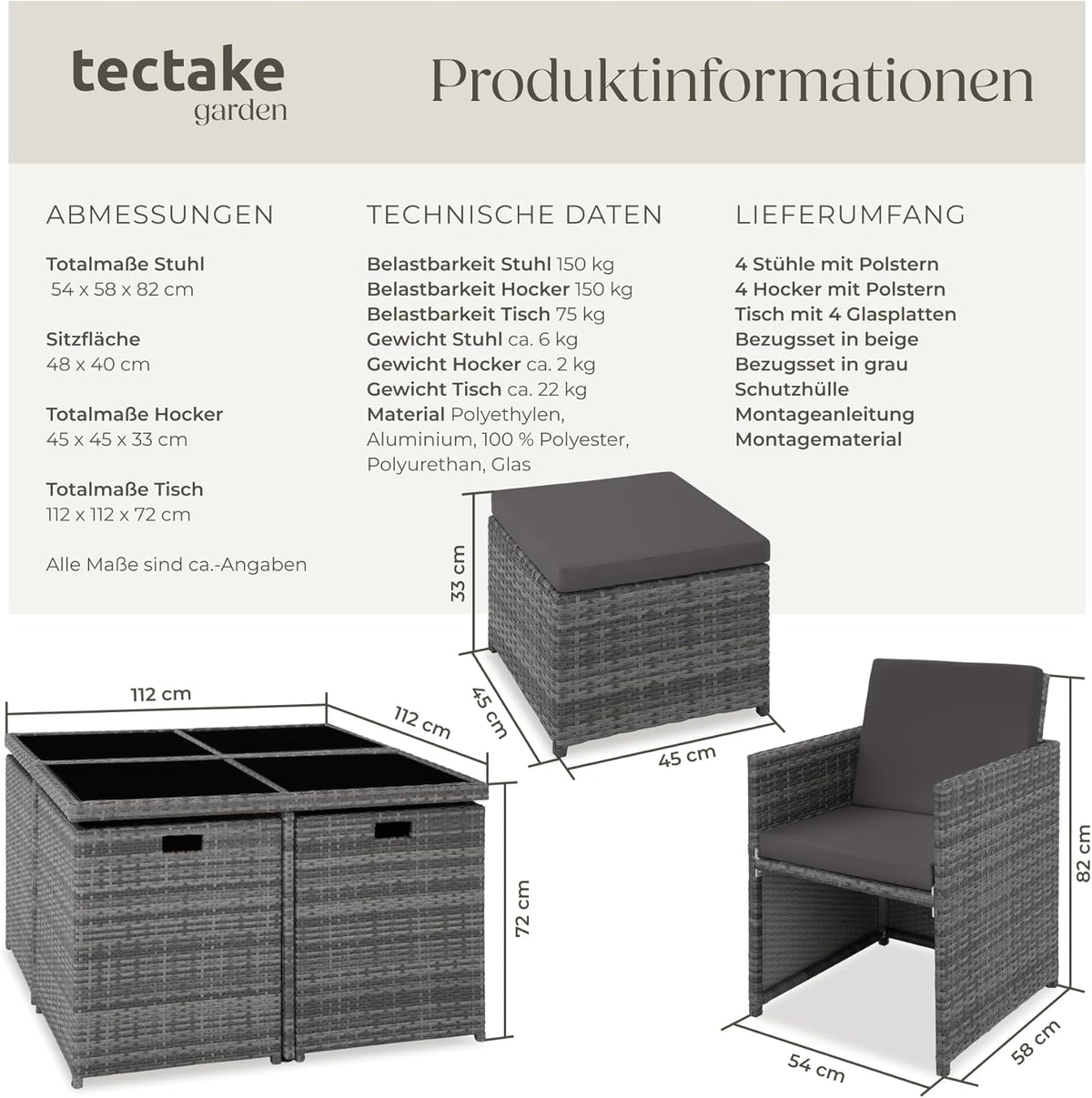 tectake Rattan Lounge Set mit Aluminiumgestell, 4 Stühle, 4 Hocker & Glastisch Wetterfeste Gartenmöbel
