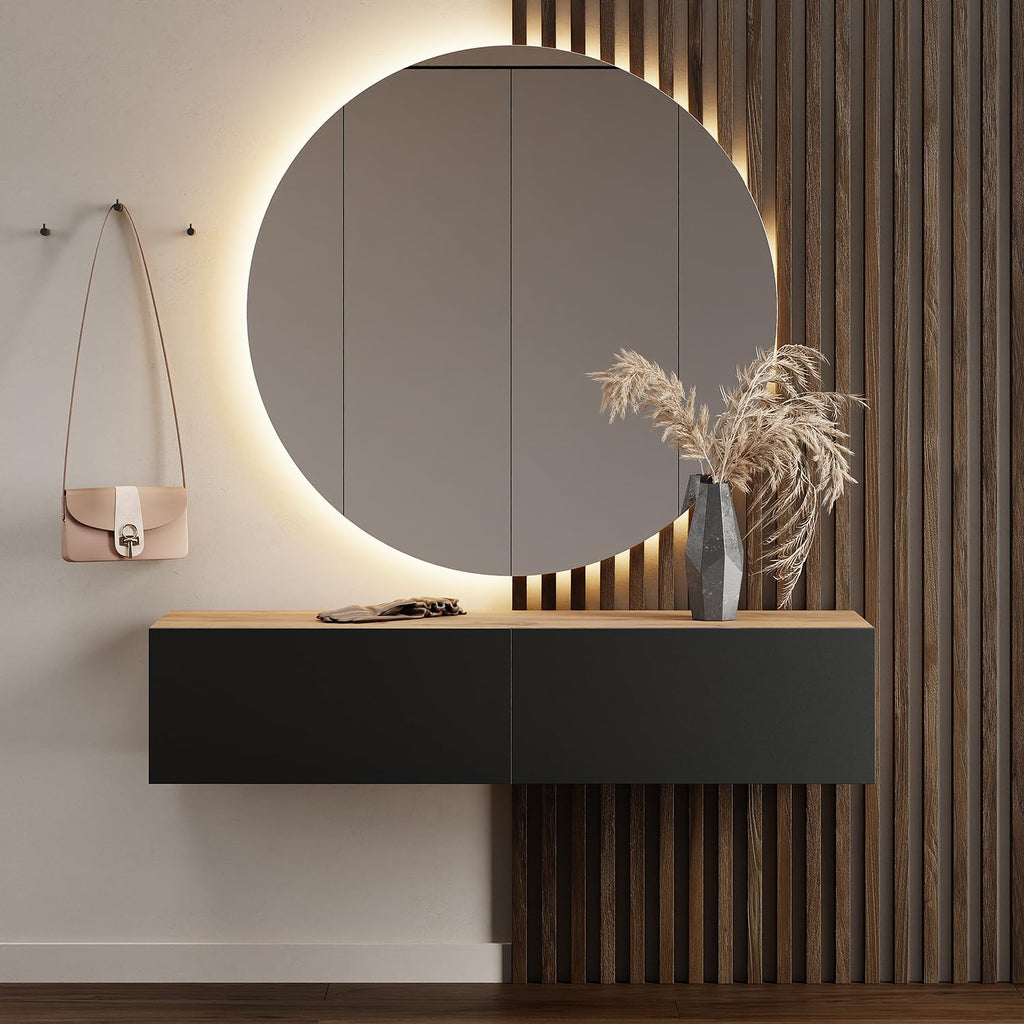 Planetmöbel Garderobe Flur mit Stauraum, Wandgarderobe mit 2 Klappen, Dielenschrank aus Holzwerkstoff Gold Eiche/Anthrazit