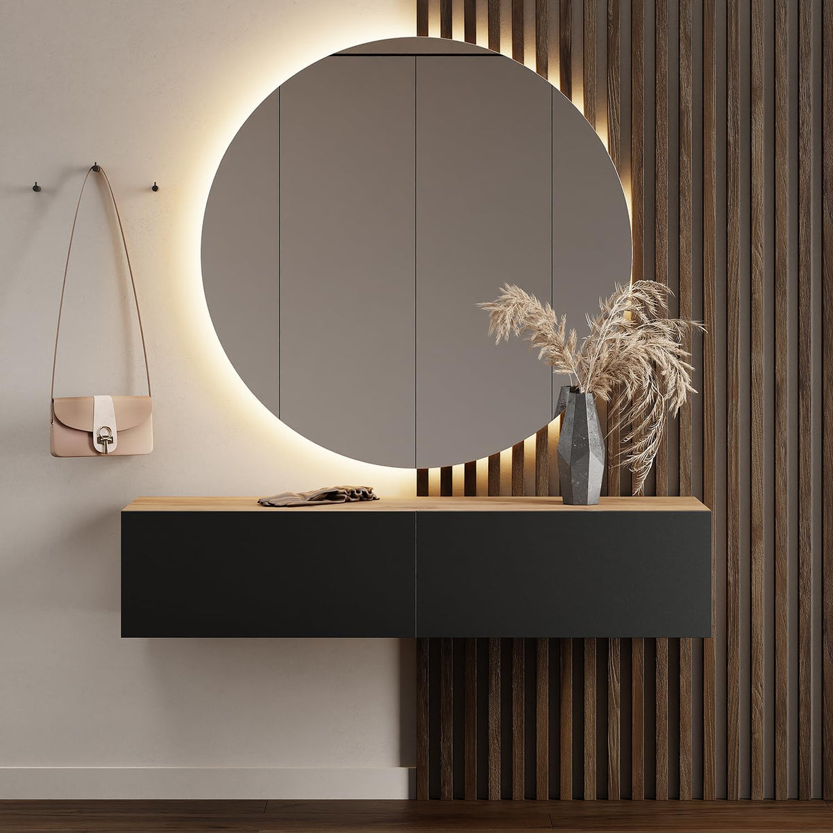 Planetmöbel Garderobe Flur mit Stauraum, Wandgarderobe mit 2 Klappen, Dielenschrank aus Holzwerkstoff Gold Eiche/Anthrazit