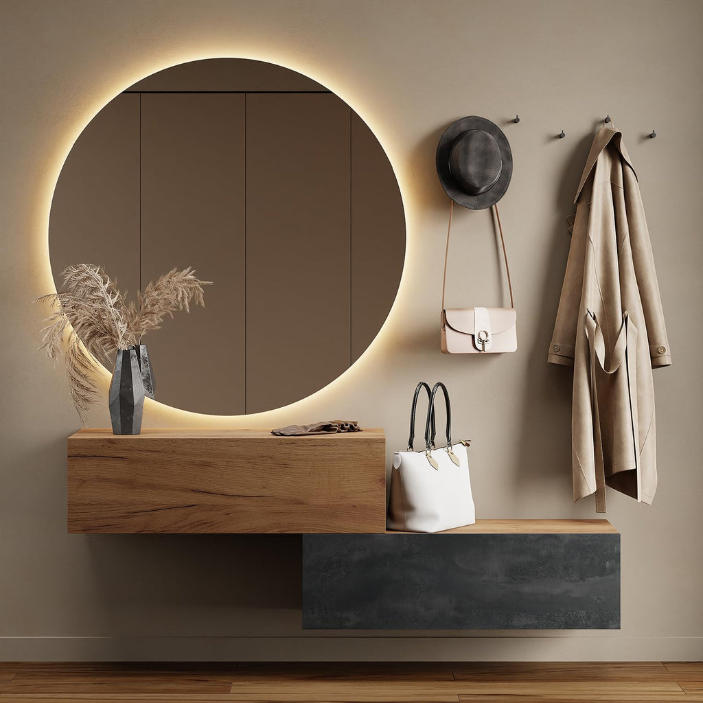 Planetmöbel Garderobe Flur mit Stauraum, Wandgarderobe mit 2 Klappen, Dielenschrank aus Holzwerkstoff Gold Eiche/Anthrazit