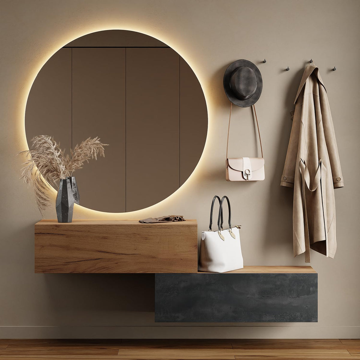 Planetmöbel Garderobe Flur mit Stauraum, Wandgarderobe mit 2 Klappen, Dielenschrank aus Holzwerkstoff Gold Eiche/Anthrazit