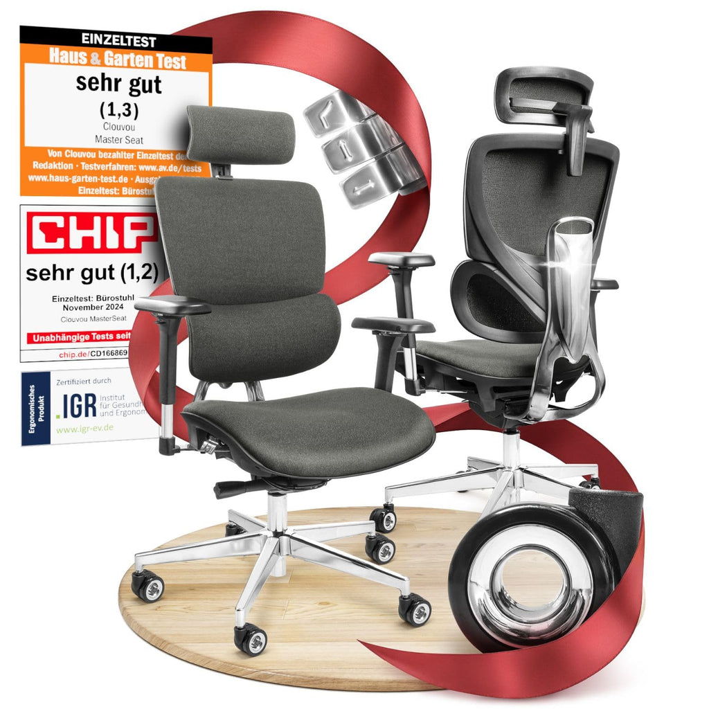 CLOUVOU BrightSeat Ergonomischer Bürostuhl Schwarz bis 150 kg – Schreibtischstuhl mit Kopfstütze, Lendenstütze & 2D Armlehnen