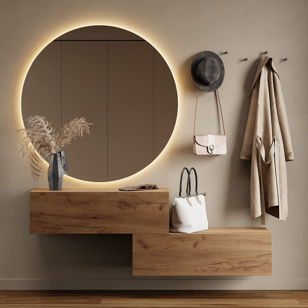 Planetmöbel Garderobe Flur mit Stauraum, Wandgarderobe mit 2 Klappen, Dielenschrank aus Holzwerkstoff Gold Eiche/Anthrazit