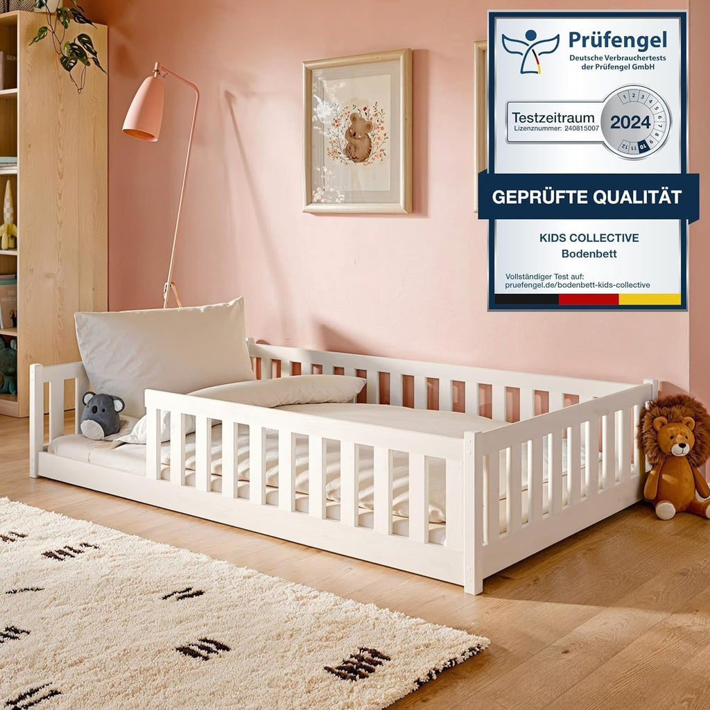 Kids Collective Kinderbett Bodenbett 120x200 cm Bett mit Rausfallschutz & Lattenrost Montessori Bett Bed Gitterbett Kinder Jugendbett Einzelbett | Natur Kiefer Holz massiv Junge Mädchen