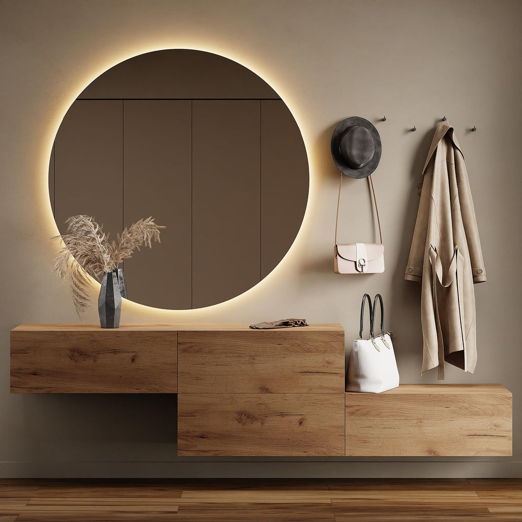 Planetmöbel Garderobe Flur mit Stauraum, Wandgarderobe mit 2 Klappen, Dielenschrank aus Holzwerkstoff Gold Eiche/Anthrazit