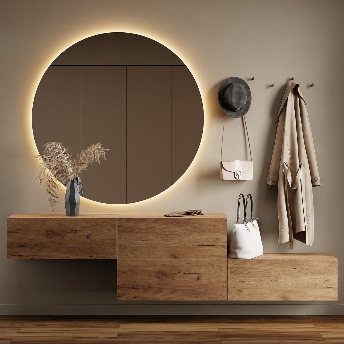 Planetmöbel Garderobe Flur mit Stauraum, Wandgarderobe mit 2 Klappen, Dielenschrank aus Holzwerkstoff Gold Eiche/Anthrazit