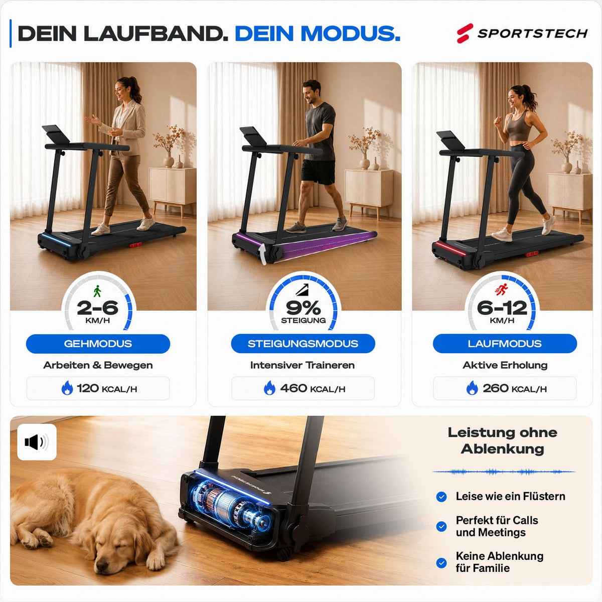 Sportstech, Laufband für Zuhause klappbar, bis 12 km/h, 9% Steigung