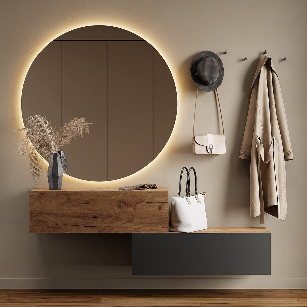 Planetmöbel Garderobe Flur mit Stauraum, Wandgarderobe mit 2 Klappen, Dielenschrank aus Holzwerkstoff Gold Eiche/Anthrazit