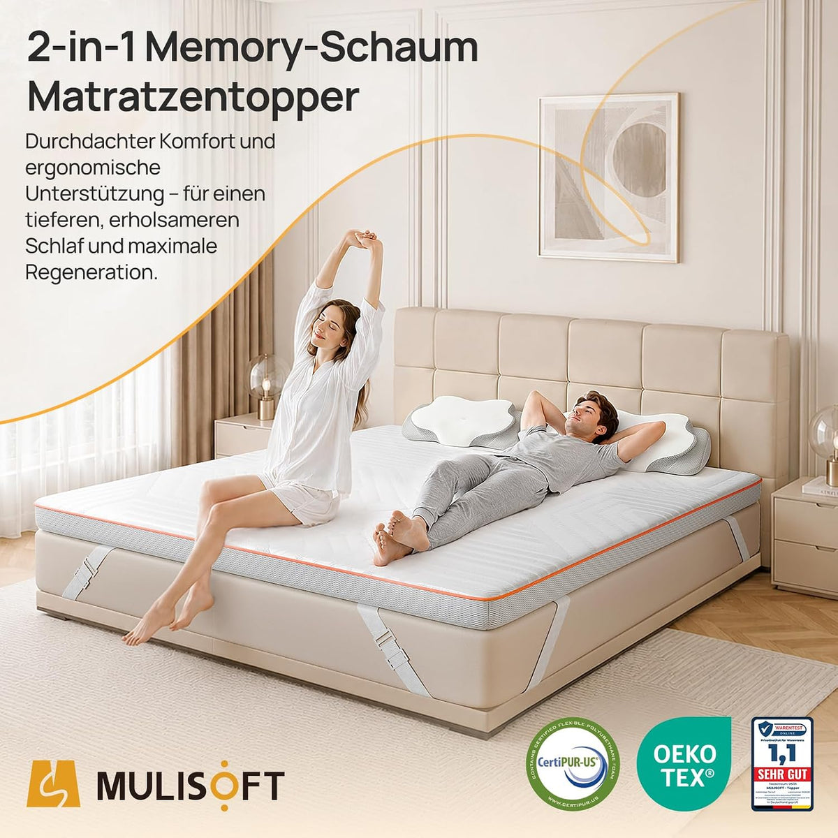 MULISOFT Topper 180x200 cm 7,5 cm H3/H4 – Gel Memory Foam Matratzentopper mit 7-Zonen, waschbarem Bezug & Anti-Rutsch