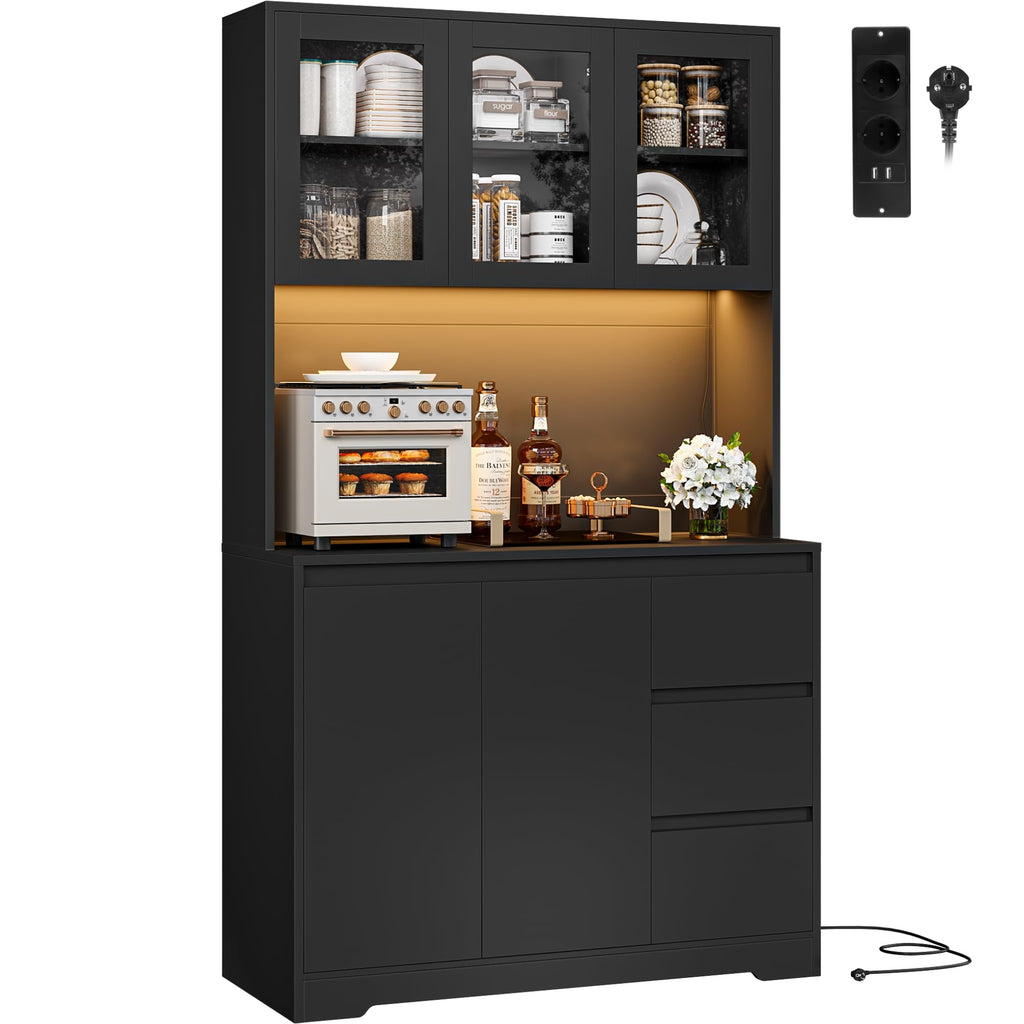 FirFurd Küchenschrank Weiß 180 cm mit LED & Steckdose – Buffetschrank mit Arbeitsplatte, Glastüren & 3 Schubladen