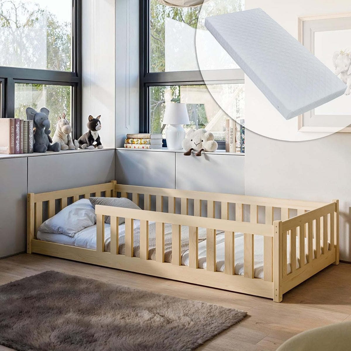 Kids Collective Kinderbett Bodenbett 120x200 cm Bett mit Rausfallschutz & Lattenrost Montessori Bett Bed Gitterbett Kinder Jugendbett Einzelbett | Natur Kiefer Holz massiv Junge Mädchen