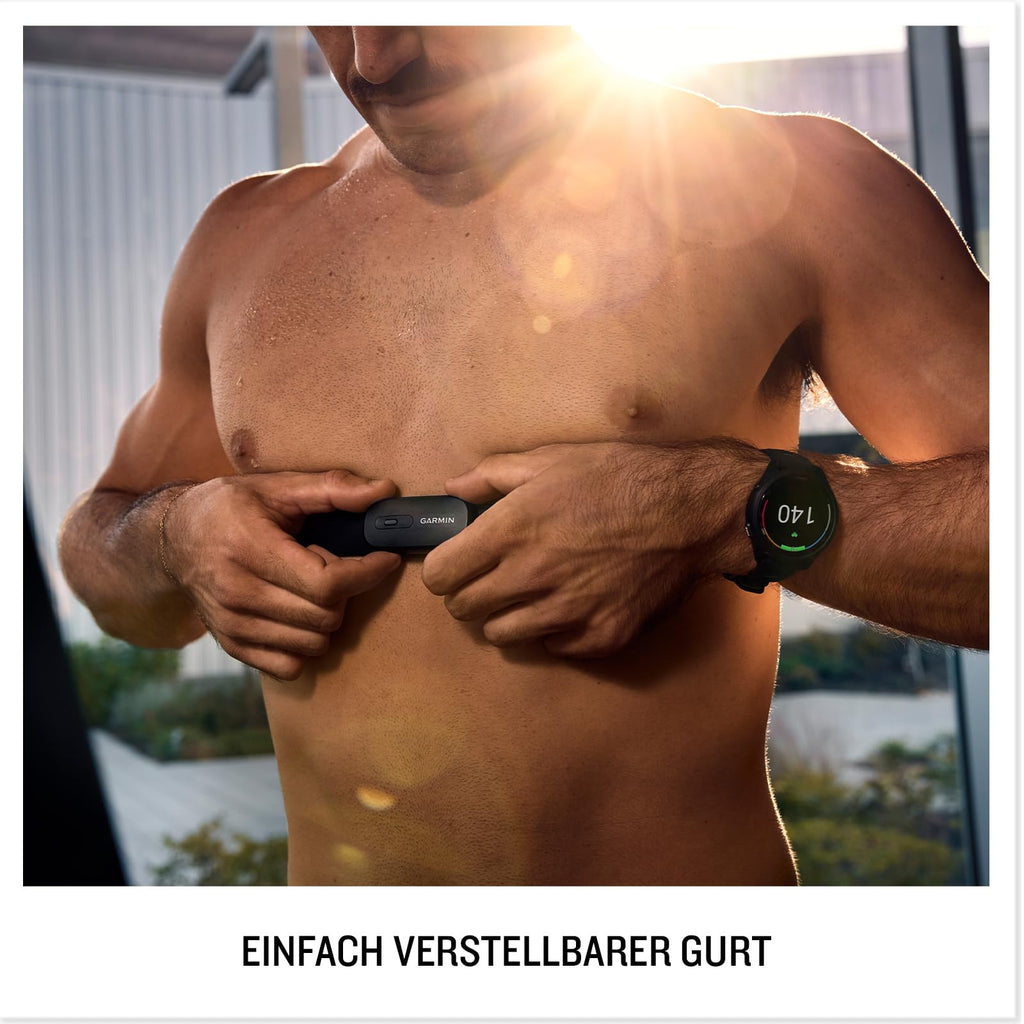 Garmin HRM 200 - Herzfrequenz-Brustgurt zur Messung präziser Herzfrequenz- und HFV-Daten, Batterielaufzeit von bis zu 1 Jahr, waschmaschinenfester Gurt, größenverstellbar, Größe M-XL