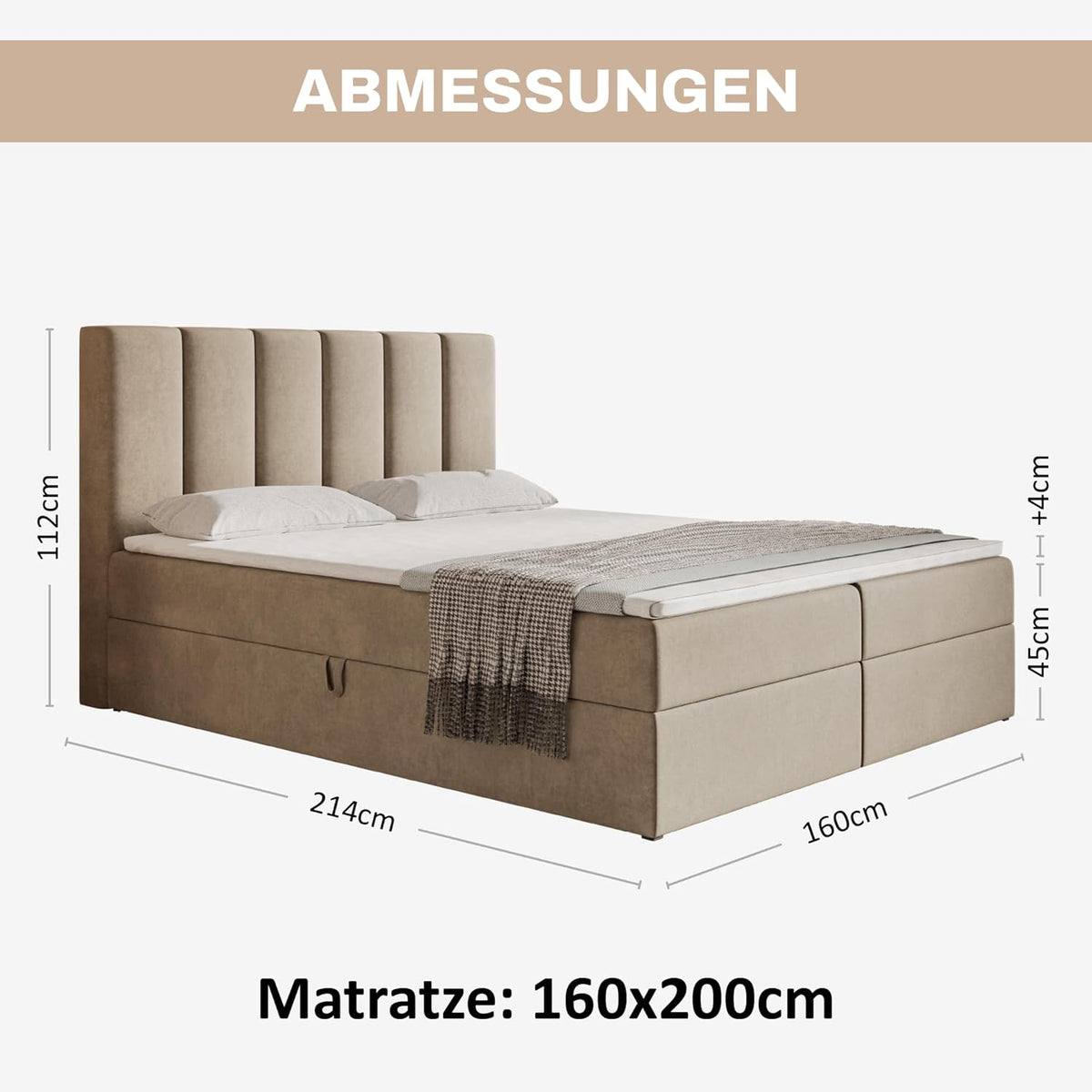 Motivena Santiago Boxspringbett 160x200 Beige Samt mit Bettkasten – Matratze H4 & Topper H3, Polsterbett mit Kopfteil