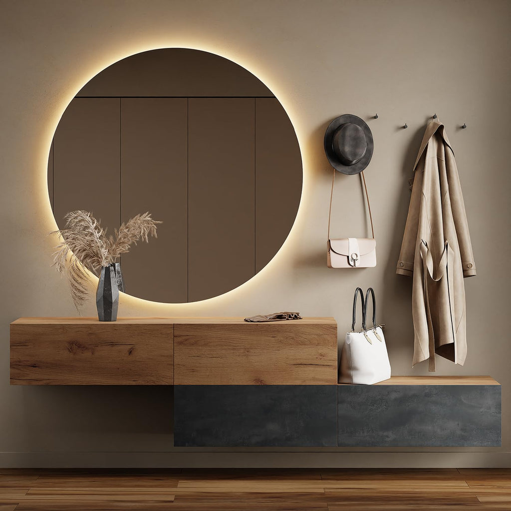 Planetmöbel Garderobe Flur mit Stauraum, Wandgarderobe mit 2 Klappen, Dielenschrank aus Holzwerkstoff Gold Eiche/Anthrazit