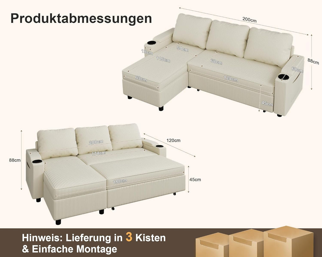 Devoko Ecksofa L-Form mit Schlaffunktion & Bettkasten, 3-Sitzer Schlafsofa aus Velours für Wohnzimmer & Gästezimmer