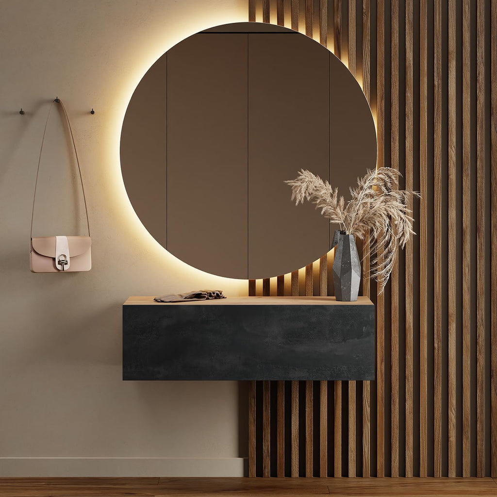 Planetmöbel Garderobe Flur mit Stauraum, Wandgarderobe mit 2 Klappen, Dielenschrank aus Holzwerkstoff Gold Eiche/Anthrazit