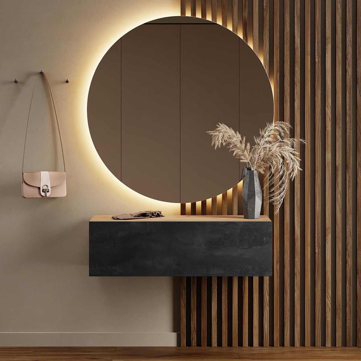 Planetmöbel Garderobe Flur mit Stauraum, Wandgarderobe mit 2 Klappen, Dielenschrank aus Holzwerkstoff Gold Eiche/Anthrazit