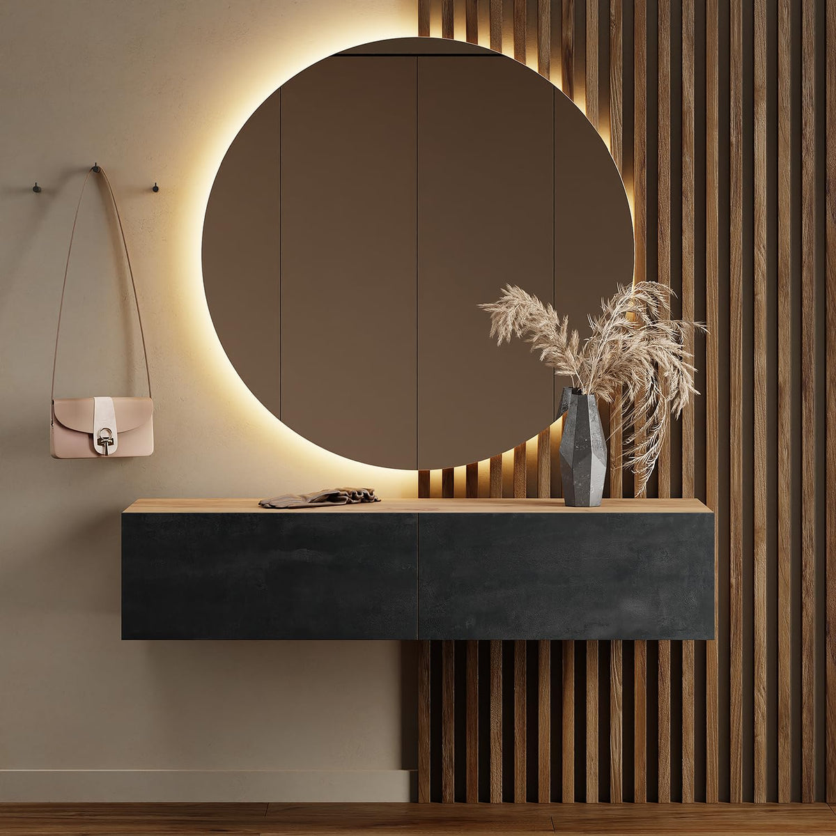 Planetmöbel Garderobe Flur mit Stauraum, Wandgarderobe mit 2 Klappen, Dielenschrank aus Holzwerkstoff Gold Eiche/Anthrazit