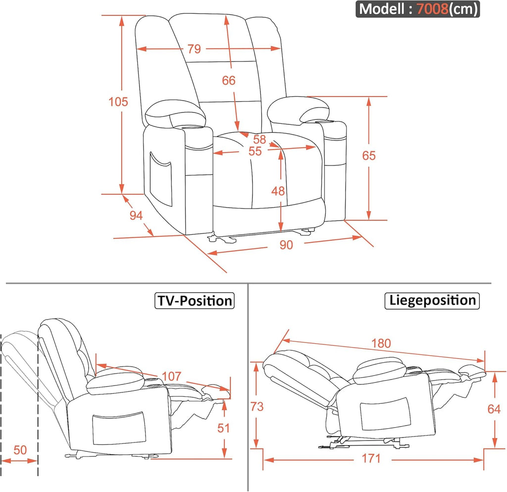 M MCombo Elektrischer Fernsehsessel Relaxsessel mit Liegefunktion, Massage & Wärme, USB-Anschluss, verstellbarer TV Sessel für Wohnzimmer