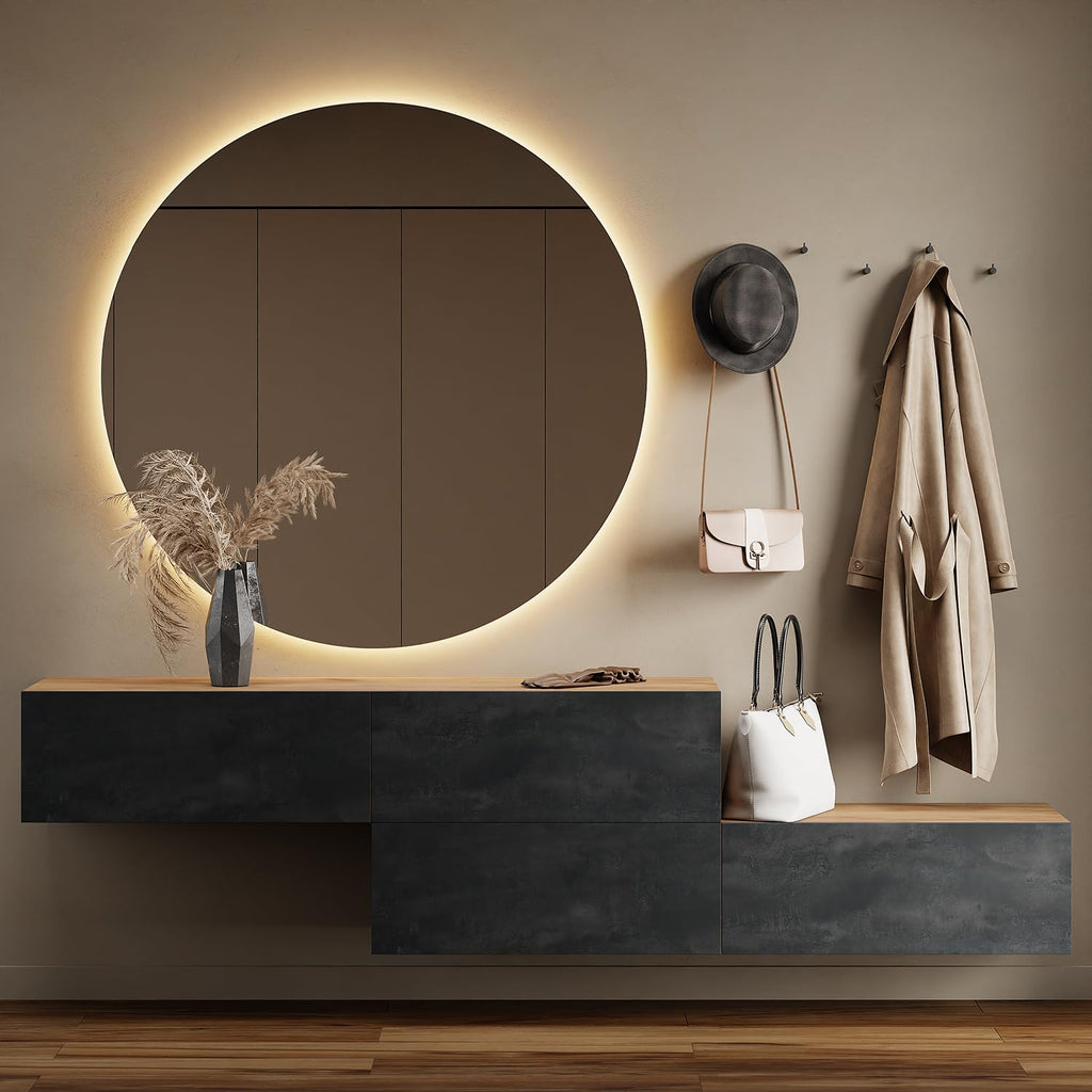 Planetmöbel Garderobe Flur mit Stauraum, Wandgarderobe mit 2 Klappen, Dielenschrank aus Holzwerkstoff Gold Eiche/Anthrazit