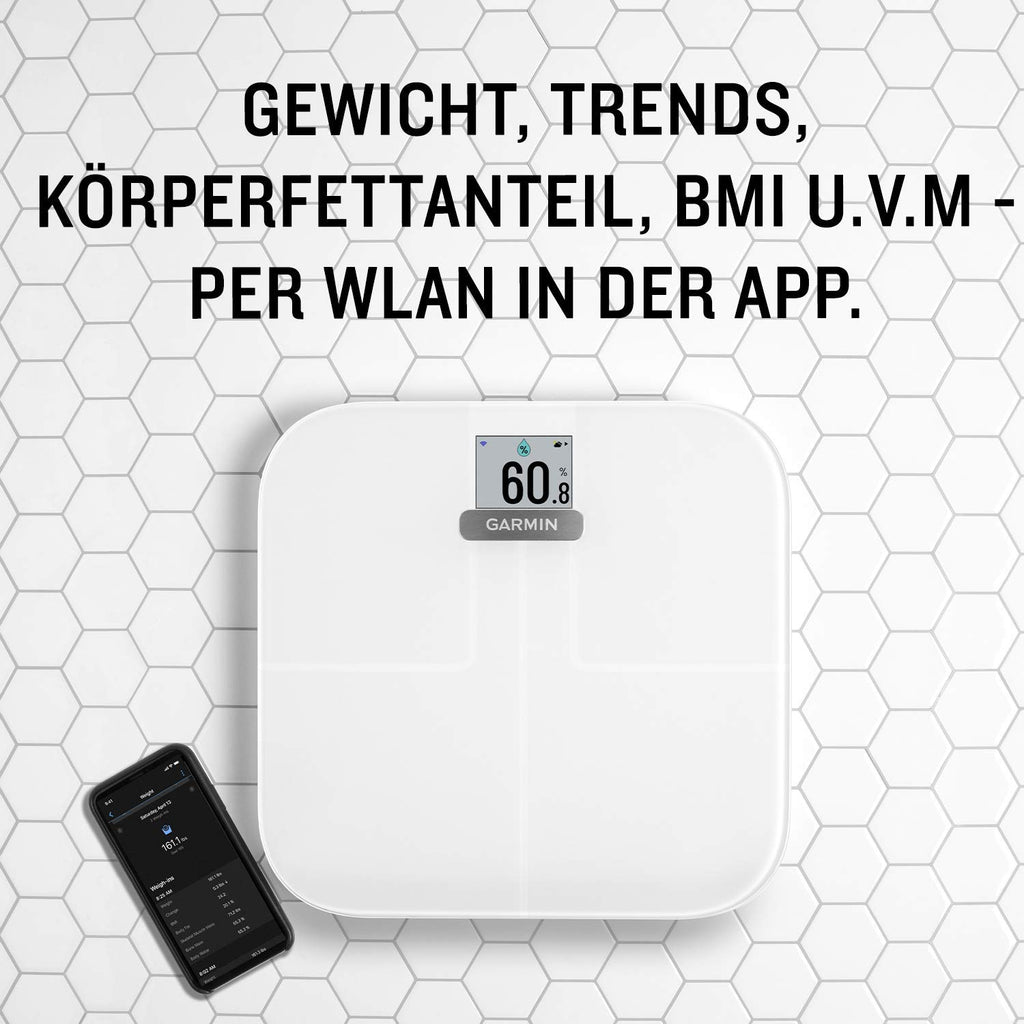 Garmin Index S2 Smart Waage – misst das Gewicht, Gewichtstrend, Körperfettanteil, Muskelmasse, BMI. Mit WLAN, Garmin Connect App-Anbindung und für bis zu 16 Personen