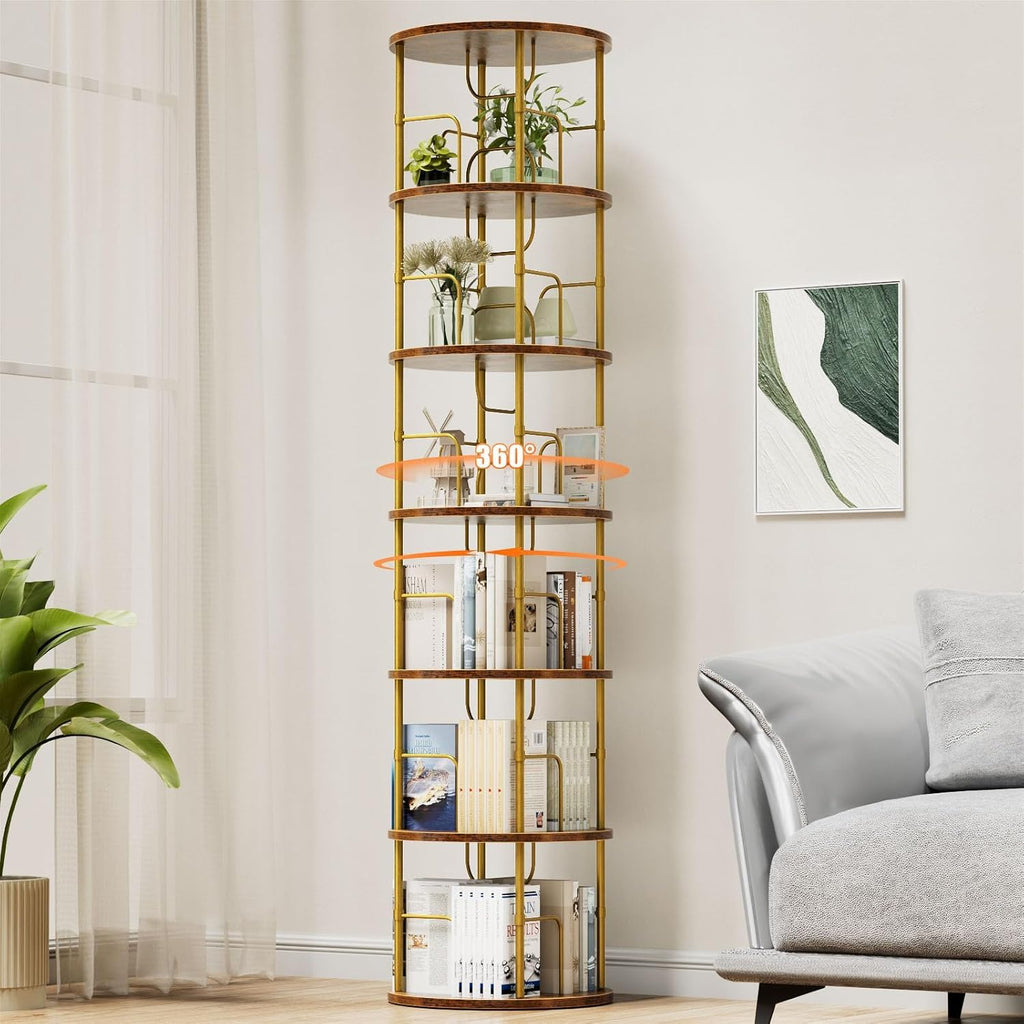 360° drehbares Bücherregal mit 5 Ebenen, Standregal aus MDF & Metall, rundes Regal für bis zu 100 Bücher