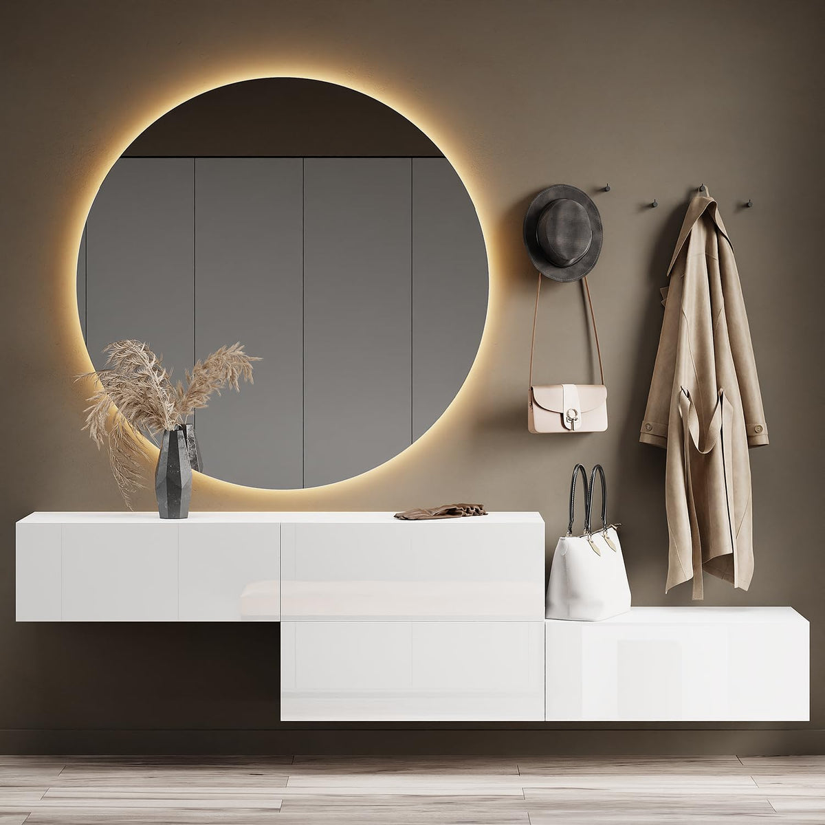 Planetmöbel Garderobe Flur mit Stauraum, Wandgarderobe mit 2 Klappen, Dielenschrank aus Holzwerkstoff Gold Eiche/Anthrazit