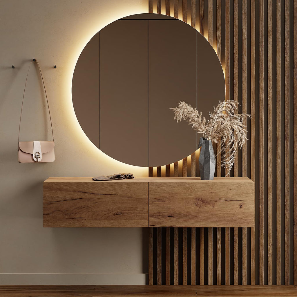 Planetmöbel Garderobe Flur mit Stauraum, Wandgarderobe mit 2 Klappen, Dielenschrank aus Holzwerkstoff Gold Eiche/Anthrazit