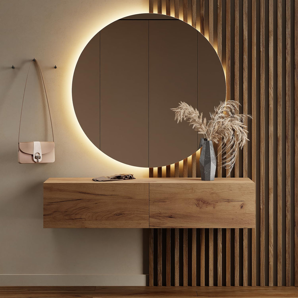 Planetmöbel Garderobe Flur mit Stauraum, Wandgarderobe mit 2 Klappen, Dielenschrank aus Holzwerkstoff Gold Eiche/Anthrazit