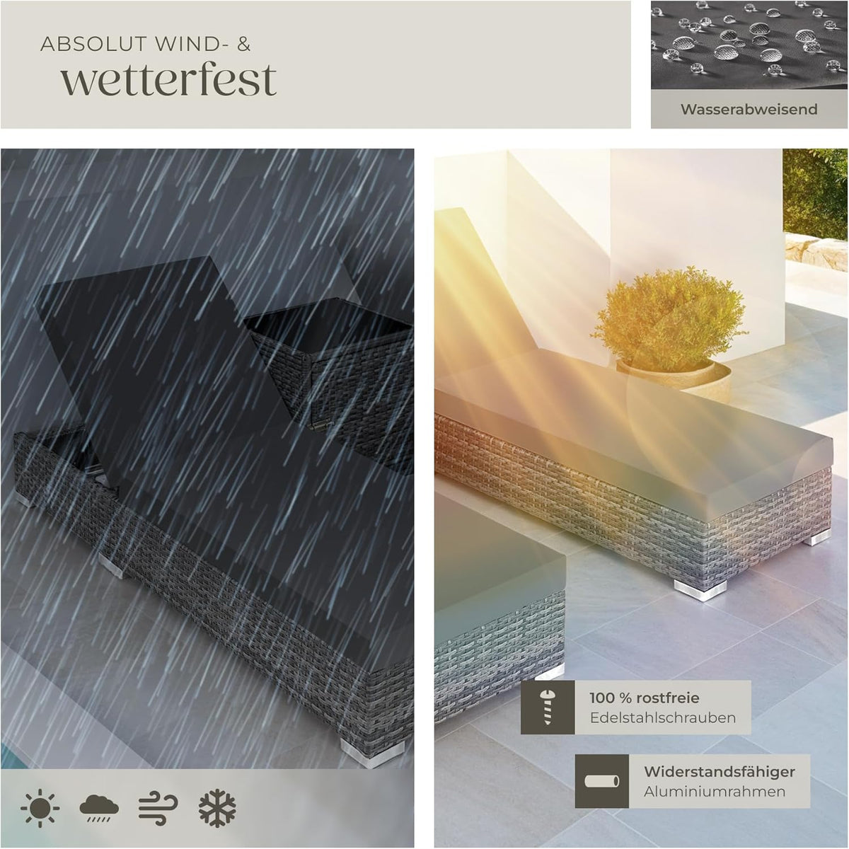 tectake 2er Gartenliegen Set mit Tisch – Polyrattan Sonnenliegen aus Aluminium, 5-fach verstellbar, mit Schutzhüllen