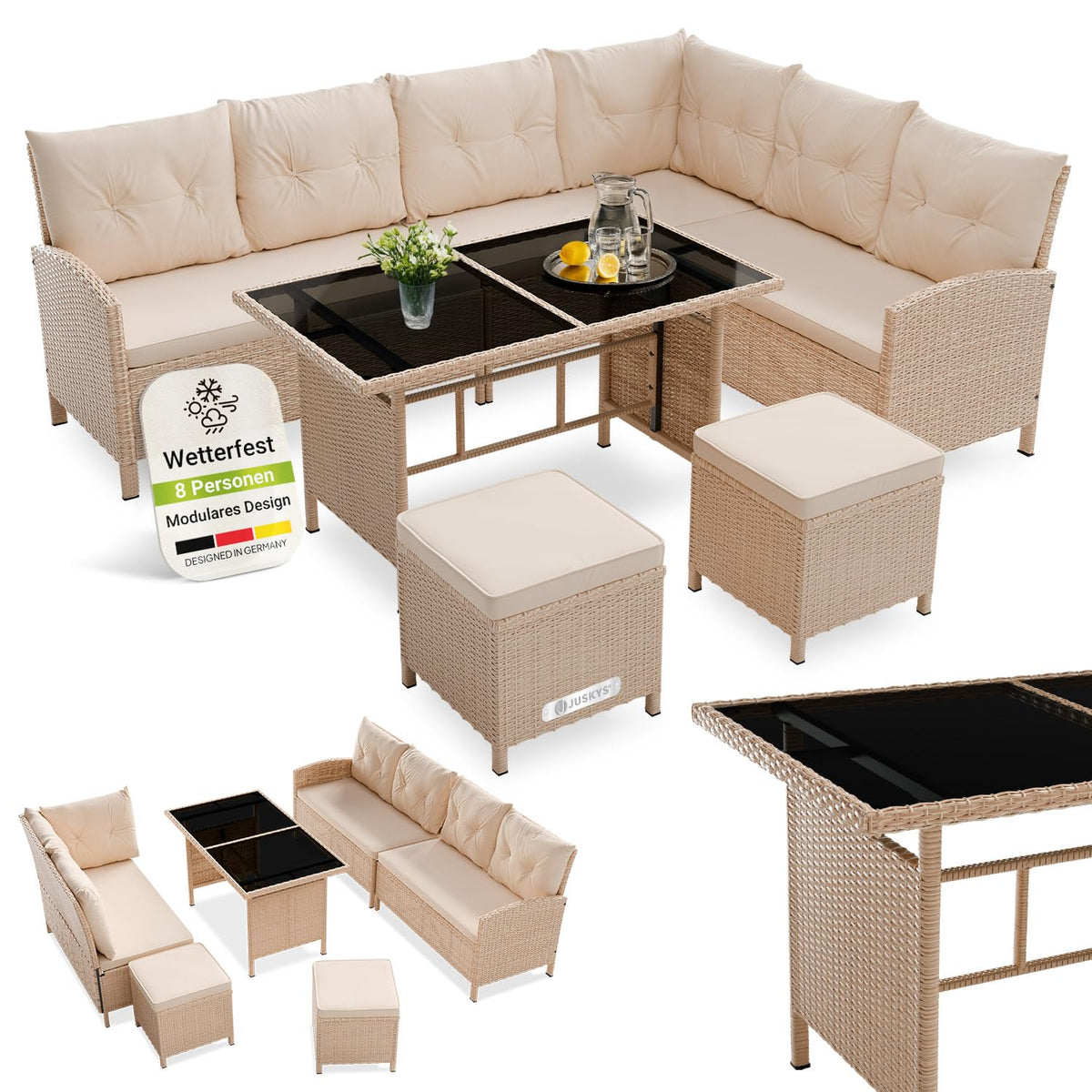 Juskys Gartenlounge Polyrattan Grau, Ecksofa mit Tisch & 2 Hockern, Gartenmöbel Set für 7 Personen, wetterfest