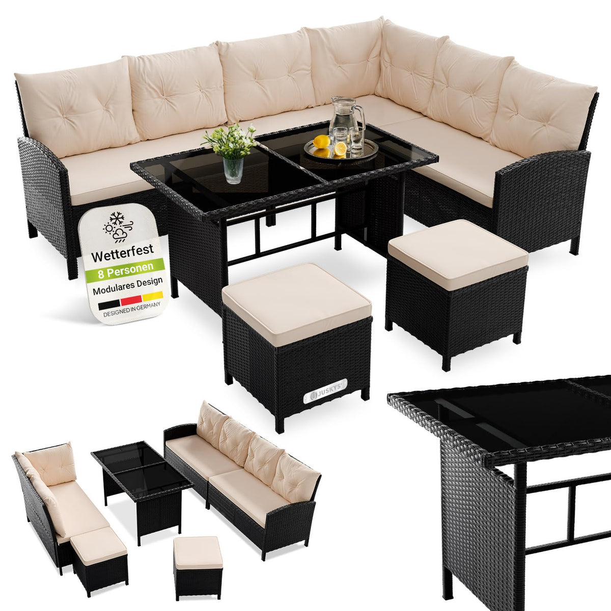 Juskys Gartenlounge Polyrattan Grau, Ecksofa mit Tisch & 2 Hockern, Gartenmöbel Set für 7 Personen, wetterfest