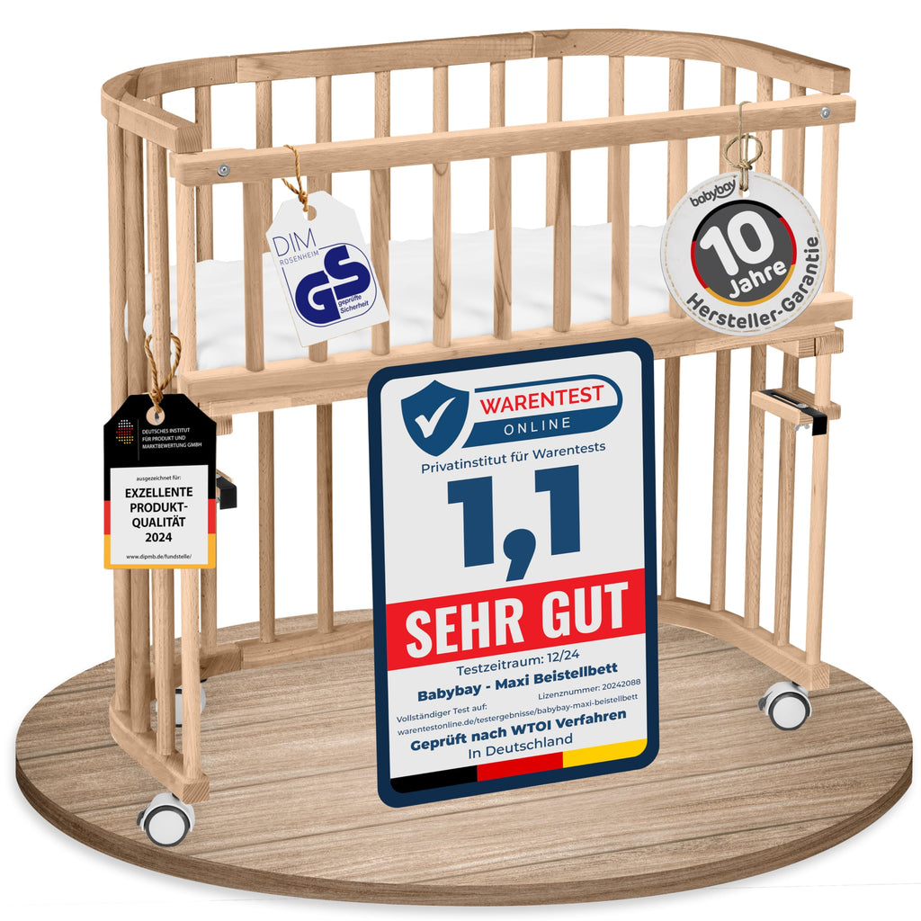 babybay Original Beistellbett aus massivem Buchenholz mit Matratze, höhenverstellbares Babybett für Neugeborene