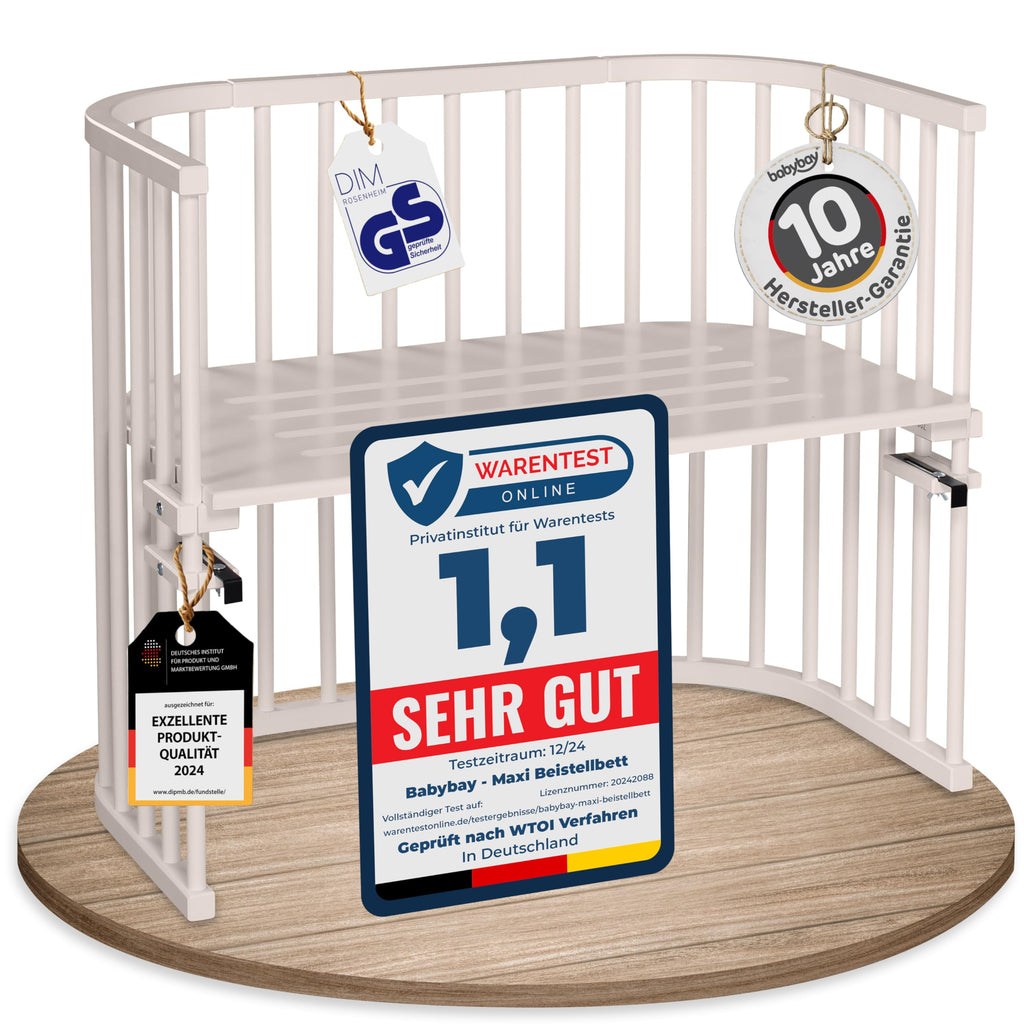 babybay Original Beistellbett aus massivem Buchenholz mit Matratze, höhenverstellbares Babybett für Neugeborene