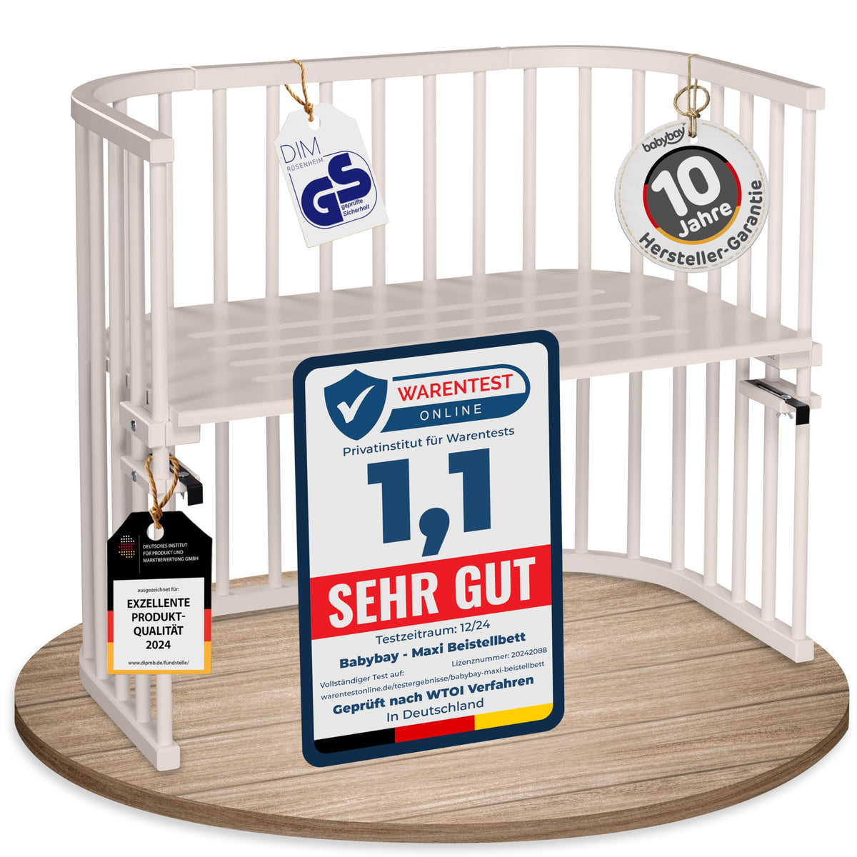 babybay Original Beistellbett aus massivem Buchenholz mit Matratze, höhenverstellbares Babybett für Neugeborene