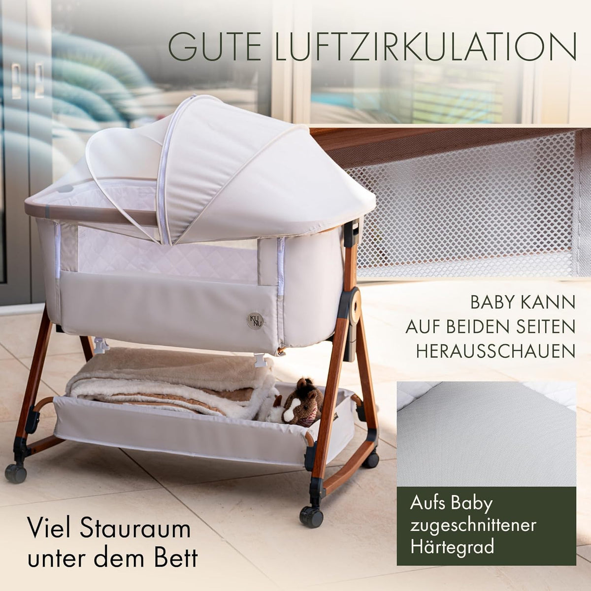 KUNU Baby Beistellbett 3in1 Beige – Höhenverstellbares Babybett mit Rollen, Matratze, Wiegefunktion & Moskitonetz