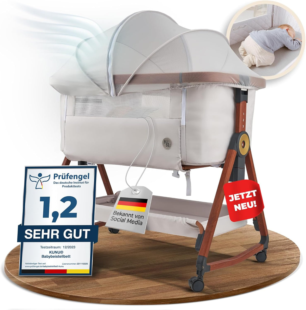 KUNU Baby Beistellbett 3in1 Beige – Höhenverstellbares Babybett mit Rollen, Matratze, Wiegefunktion & Moskitonetz
